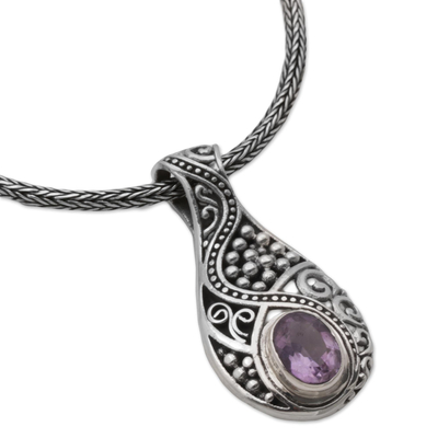Amethyst pendant necklace, 'Patterns of the World' - Amethyst and 925 Sterling Silver Pendant Necklace from Bali
