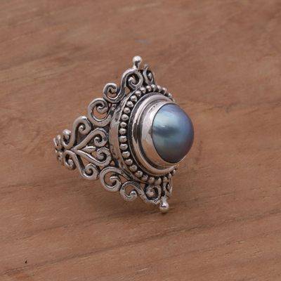Cultured mabe pearl cocktail ring, 'Dark Love Vines' - Dark 925 Silver Cultured Mabe Pearl Cocktail Ring from Bali