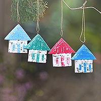 Wood ornaments, 'Festive Home' (set of 4) - Four Albesia Wood Distressed House Ornaments from Bali