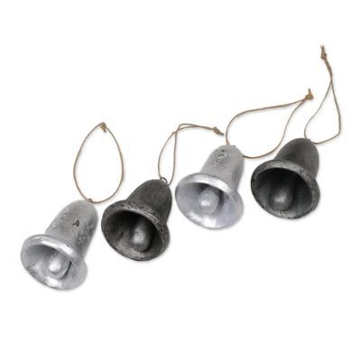 Wood ornaments, 'Yuletide Bells in Silver' (set of 4) - Four Silver Tone Albesia Wood Bell Ornaments from Bali