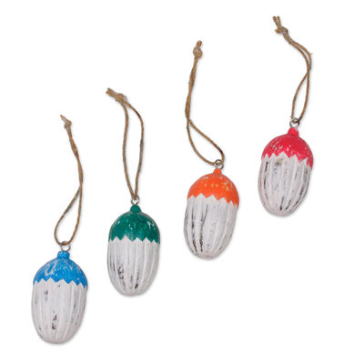 Wood ornaments, 'Colorful Acorns' (set of 4) - Four Distressed Albesia Wood Acorn Ornaments from Bali