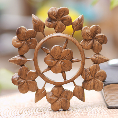 Wood relief panel, 'Frangipani Garden' - Hand Carved Floral Wood Wall Relief Panel from Indonesia