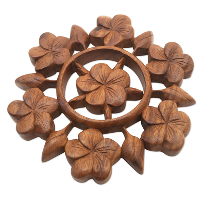 Wood relief panel, 'Frangipani Garden' - Hand Carved Floral Wood Wall Relief Panel from Indonesia