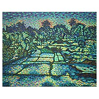 'View of Singakerta' (2016) - Bali Rice Field Landscape Painting in Greens and Blues