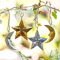 Wood ornaments, 'Stellar Holiday' (set of 4)
