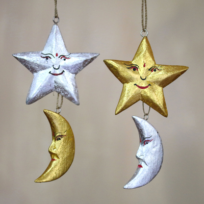 Wood ornaments, 'Stellar Holiday' (set of 4) - Four Moon and Star Albesia Wood Ornaments from Bali