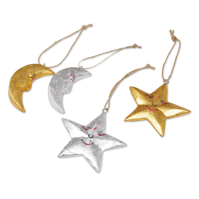 Wood ornaments, 'Stellar Holiday' (set of 4) - Four Moon and Star Albesia Wood Ornaments from Bali