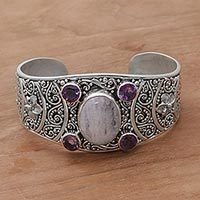 Rainbow moonstone and amethyst cuff bracelet, 'Misty Bouquet' - Rainbow Moonstone and Amethyst Cuff Bracelet from Bali