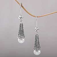 Cultured pearl dangle earrings, 'Dropping Spirals'