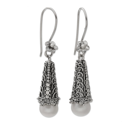 Cultured pearl dangle earrings, 'Dropping Spirals' - Cultured Pearl and Sterling Silver Balinese Floral Earrings