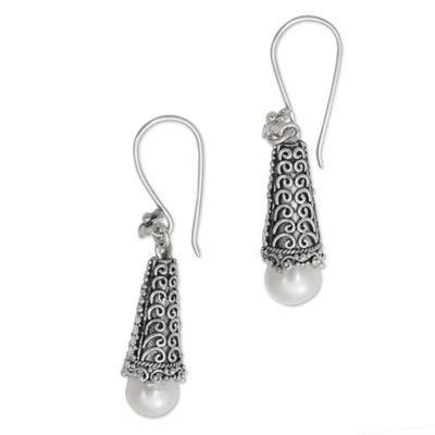 Cultured pearl dangle earrings, 'Dropping Spirals' - Cultured Pearl and Sterling Silver Balinese Floral Earrings