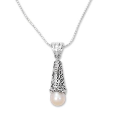 Cultured pearl pendant necklace, 'Dropping Spirals' - Cultured Pearl and Sterling Silver Balinese Pendant Necklace