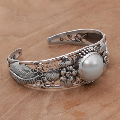 Cultured pearl cuff bracelet, 'Moonlight Vines' - Floral Cultured Pearl Cuff Bracelet and 925 Silver from Bali