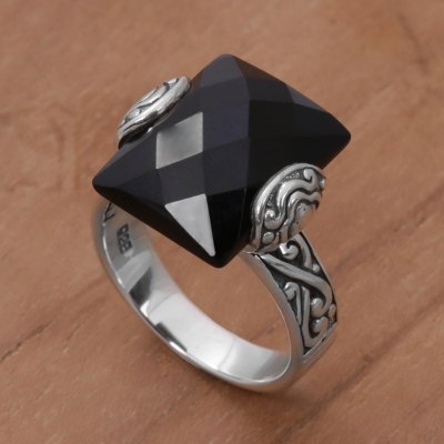 Rectangle Onyx and Sterling Silver Cocktail Ring from Bali