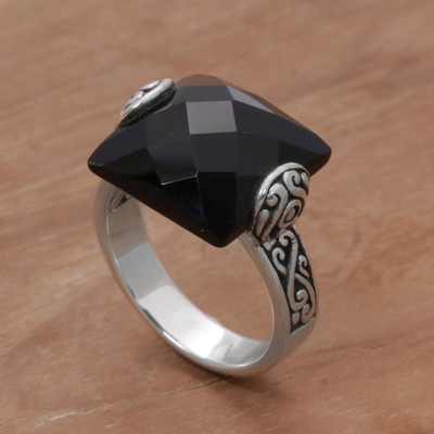 Onyx cocktail ring, 'Mysterious Square' - Square Onyx and Sterling Silver Cocktail Ring from Bali