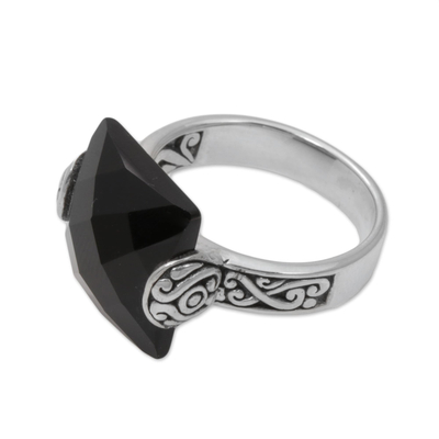 Onyx cocktail ring, 'Mysterious Square' - Square Onyx and Sterling Silver Cocktail Ring from Bali