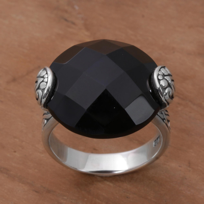 Onyx cocktail ring, 'Mysterious Circle' - Circular Onyx and Sterling Silver Cocktail Ring from Bali