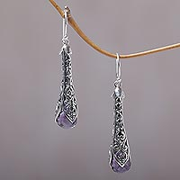 Amethyst dangle earrings, 'Misty Spirals' - 925 Sterling Silver and Amethyst Dangle Earrings from Bali