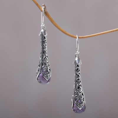 Amethyst dangle earrings, 'Misty Spirals' - 925 Sterling Silver and Amethyst Dangle Earrings from Bali