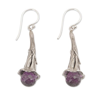 Amethyst dangle earrings, 'Petal Drops' - Amethyst and Sterling Silver Floral Earrings from Bali