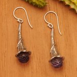 Amethyst dangle earrings, 'Petal Drops' - Amethyst and Sterling Silver Floral Earrings from Bali