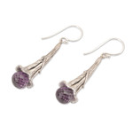 Amethyst dangle earrings, 'Petal Drops' - Amethyst and Sterling Silver Floral Earrings from Bali