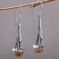Citrine dangle earrings, 'Petal Drops' - Citrine and Sterling Silver Floral Earrings from Bali