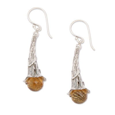 Citrine dangle earrings, 'Petal Drops' - Citrine and Sterling Silver Floral Earrings from Bali