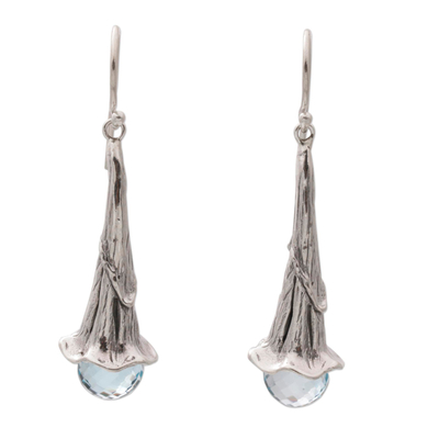 Blue topaz dangle earrings, 'Petal Drops' - Blue Topaz and Sterling Silver Floral Earrings from Bali