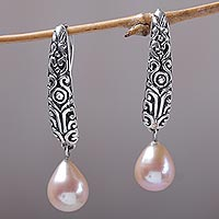 Cultured pearl dangle earrings, 'Drops of Honey' - Cultured Pearl and Sterling Silver Dangle Earrings from Bali