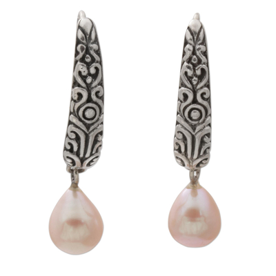 Cultured pearl dangle earrings, 'Drops of Honey' - Cultured Pearl and Sterling Silver Dangle Earrings from Bali