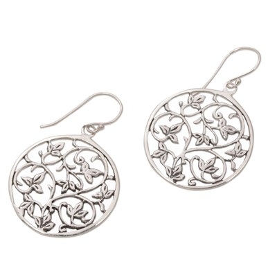 Sterling silver dangle earrings, 'Vine Rings' - Sterling Silver Vine Motif Dangle Earrings from Bali