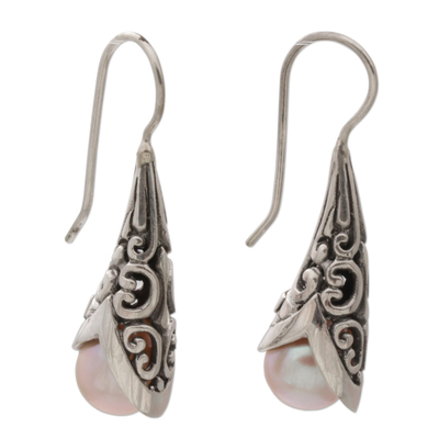 Cultured pearl drop earrings, 'Emerging Beauty in Peach' - Cultured Pearl and Sterling Silver Drop Earrings from Bali