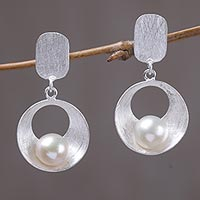 Cultured mabe pearl dangle earrings, 'Moon Vortex' - Cultured Mabe Pearl and Sterling Silver Earrings from Bali