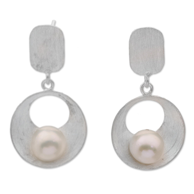 Cultured mabe pearl dangle earrings, 'Moon Vortex' - Cultured Mabe Pearl and Sterling Silver Earrings from Bali