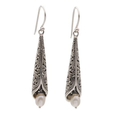 Cultured pearl dangle earrings, 'Spiral Glow' - Cultured Pearl and 925 Silver Dangle Earrings from Mexico
