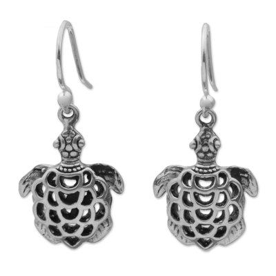 Sterling silver dangle earrings, 'Skeleton Turtles' - 925 Sterling Silver Turtle Dangle Earrings from Bali
