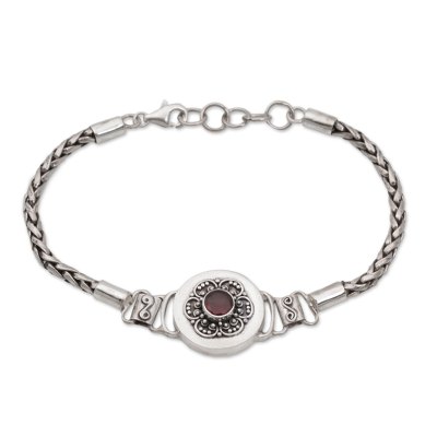 Garnet pendant bracelet, 'Center of Paradise' - Garnet and Sterling Silver Pendant Bracelet from Bali