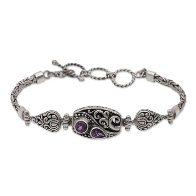Amethyst pendant bracelet, 'Florid Harmony' - Amethyst and Sterling Silver Pendant Bracelet from Bali