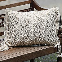 Cotton cushion cover, 'Fisherman's Weave' - Small Handwoven Cotton Cushion Cover in Ecru from Bali
