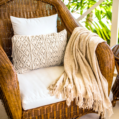 Cotton cushion cover, 'Fisherman's Weave' - Small Handwoven Cotton Cushion Cover in Ecru from Bali