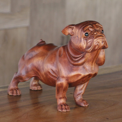 Wood and onyx sculpture, 'Begging Bulldog' - Suar Wood and Onyx Sculpture of a Bulldog by Bali Artisans