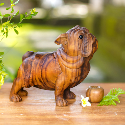 Hand-Carved Suar Wood and Onyx Dog Sculpture from Bali - Begging