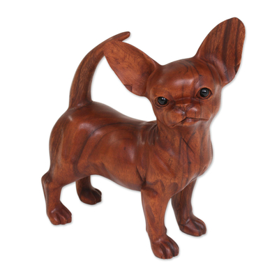 Skulptur aus Holz und Onyx, 'Perky Chihuahua' - Chihuahua-Skulptur aus Suarholz und Onyx von balinesischen Kunsthandwerkern