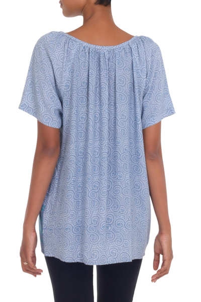 Rayon blouse, 'Ocean Dreams' - Handmade Blue Rayon Tunic Blouse from Indonesia