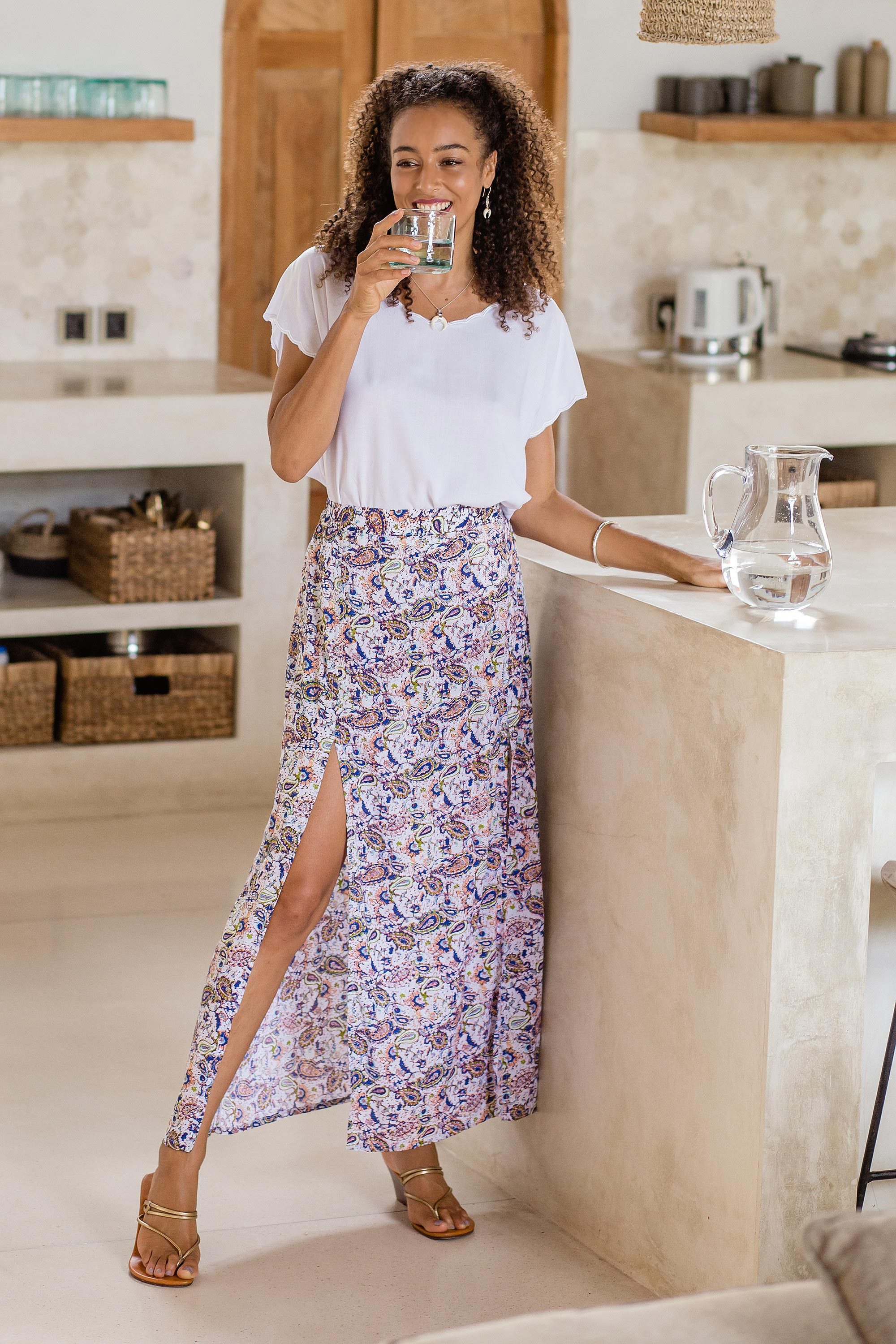 Long Rayon Skirt with Paisley Pattern from Indonesia Pretty in