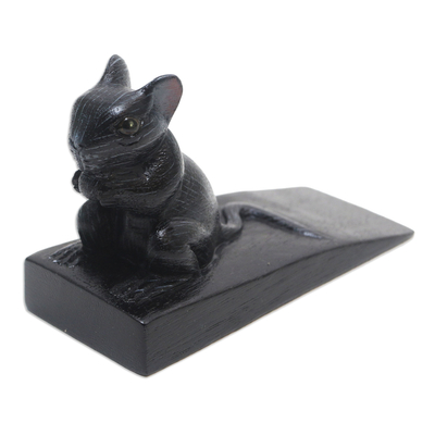 Wood door stopper, 'Charming Mouse in Black' - Hand Carved Suar Wood Mouse Door Stopper in Black from Bali