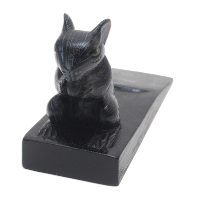 Wood door stopper, 'Charming Mouse in Black' - Hand Carved Suar Wood Mouse Door Stopper in Black from Bali
