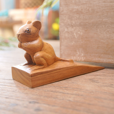 Wood door stopper, 'Charming Mouse in Brown' - Hand Carved Suar Wood Mouse Door Stopper in Brown from Bali