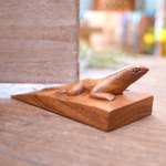 Wood door stopper, 'Handy Gecko in Brown' - Hand Carved Suar Wood Lizard Door Stopper in Brown from Bali